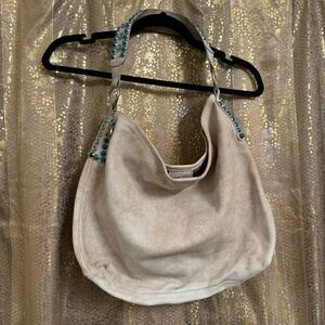 LeatherRock USA Genuine Leather Hobo Bag Turquoise Rhinestones Ivory